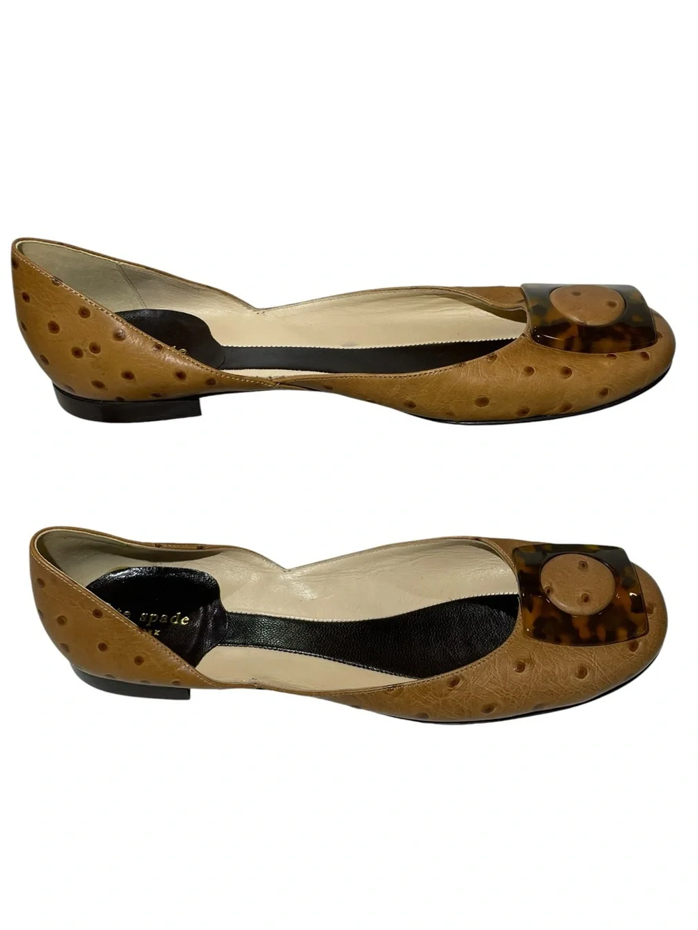 Vintage kate spade D'Orsay Fawn Leather Ostrich Flats Tortoiseshell Buckle 9.5